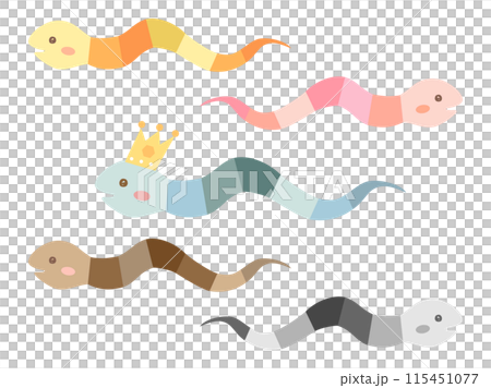 巳年の年賀状などにつかえる可愛い蛇のキャラクターのイラストのセット 115451077