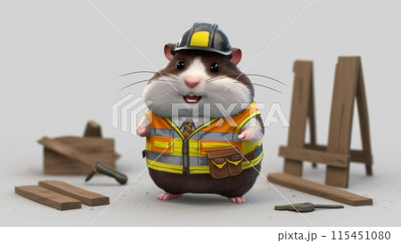 A cartoon hamster wearing a hard hat and vest with construction tools, AI A cartoon hamster wearing a hard hat and vest with construction tools, AI 115451080