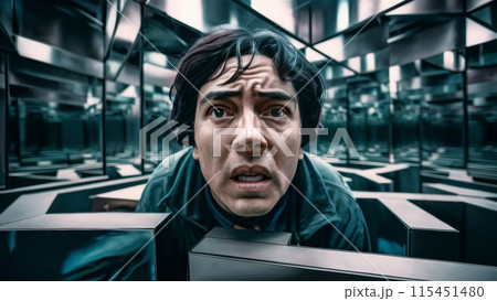 A man in a maze of mirrors with his eyes closed, AI 115451480