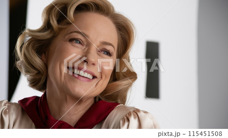 A woman smiling while wearing a red and white scarf, AI 115451508
