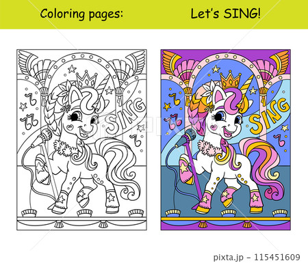 Singing unicorn with lettering coloring and template vector 115451609