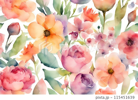 Watercolor texture of vibrant, fresh and blooming flowers, creating an expansive and vivid background pattern. AI Generated 115451639