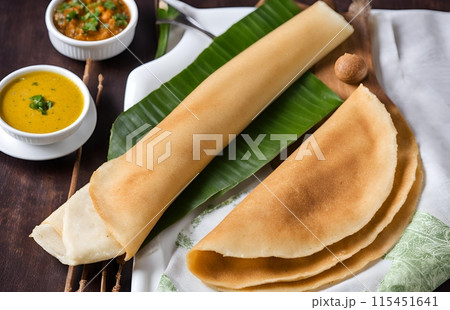 Delicious dosa, a South Indian crepe made from fermented rice and lentils served with a flavorful lentil-based vegetable stew, creating a satisfying and wholesome meal. AI Generated 115451641