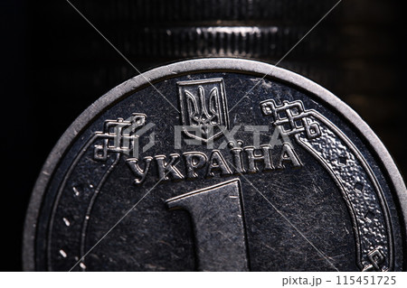 Coin one hryvnia, macro photography, Ukrainian money 115451725