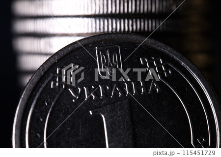 Coin one hryvnia, macro photography, Ukrainian money 115451729