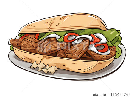 Illustration cartoon, of a gyros sandwich, a delicious adaptation from traditional Greek cuisine, featuring seasoned meat in pita with tomato, onion and tzatziki. AI Generated 115451765