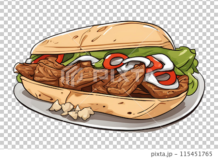 Illustration cartoon, of a gyros sandwich, a delicious adaptation from traditional Greek cuisine, featuring seasoned meat in pita with tomato, onion and tzatziki. AI Generated 115451765