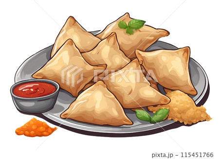 Illustration of crispy and delicious Samosas, a popular choice paired with spicy sauce, enjoyed for their savory filling of spiced potatoes, onions, peas and sometimes meat or fish. AI Generated 115451766