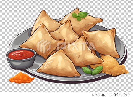 Illustration of crispy and delicious Samosas, a popular choice paired with spicy sauce, enjoyed for their savory filling of spiced potatoes, onions, peas and sometimes meat or fish. AI Generated 115451766