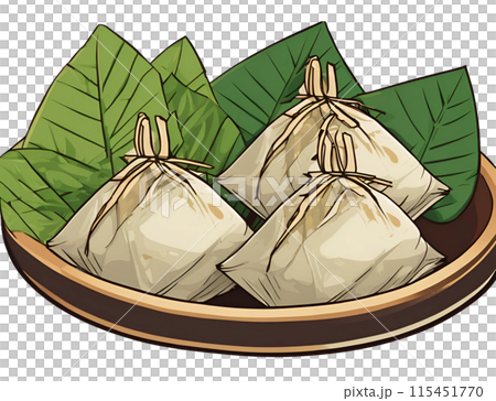 Illustration of delicious triangular Zongzi, served hot at the Dragon Boat Festival, enjoyed for its savory filling wrapped in bamboo leaves. AI Generated 115451770
