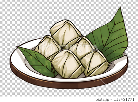 Illustration of triangular Zongzi Dumpling served hot during the Dragon Boat Festival, enjoyed for its savory filling wrapped in bamboo leaves, celebrating this cultural tradition. AI Generated 115451771