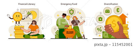 Financial Independence set. Illustrates learning about investments, preparing for emergencies, and the power of diversification. Guide to personal financial empowerment. Flat vector illustration. 115452001