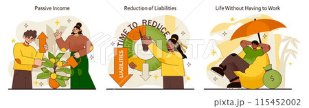 Financial Independence set. Cultivating passive income streams, reducing liabilities, and embracing a work-free lifestyle. Strategy for wealth and freedom. Flat vector illustration. 115452002