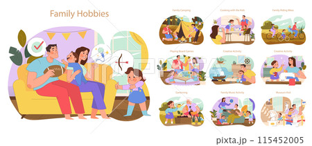 Family Hobbies set. Joyful moments unfold as a family engages in camping, board games, creative crafts, music, and museum visits. 115452005
