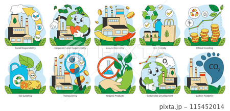Ethical consumption set. Highlights responsible business practices and environmental care. Reflects sustainable living and green economy principles. Flat vector illustration. Ethical consumption set. Highlights responsible business practices and environmental care. Reflects sustainable living and green economy principles. Flat vector illustration. 115452014