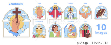 Christianity set. Sacred symbols and religious practices. Belief in Jesus and the Bible. Observance of Christmas and Communion. Flat vector illustration. 115452018