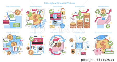 Financial Visions set. Digital payments, investment, security. Growth sustainability in finance. Global trade innovation, literacy Flat vector illustration Financial Visions set. Digital payments, investment, security. Growth sustainability in finance. Global trade innovation, literacy Flat vector illustration 115452034