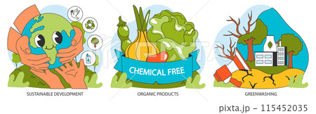 Conscious or ethical living set. Sustainable development and zero waste lifestyle. Circular economy, business and social responsibility to reduce carbon footprint. Flat vector illustration. Conscious or ethical living set. Sustainable development and zero waste lifestyle. Circular economy, business and social responsibility to reduce carbon footprint. Flat vector illustration. 115452035