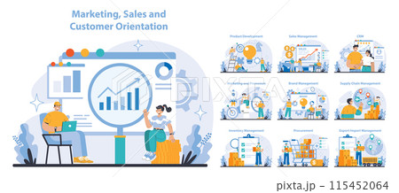 Marketing and Sales set. Comprehensive customer engagement strategies. Cross-functional business operations depicted. Data-driven decision-making illustration. Flat vector illustration. Marketing and Sales set. Comprehensive customer engagement strategies. Cross-functional business operations depicted. Data-driven decision-making illustration. Flat vector illustration. 115452064