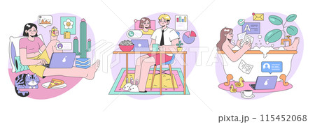 Work from home set. Relaxed professionals multitasking. Analyzing data, collaborating on a project, unwinding in the bathtub. Moments of daily remote work. Flat vector illustration Work from home set. Relaxed professionals multitasking. Analyzing data, collaborating on a project, unwinding in the bathtub. Moments of daily remote work. Flat vector illustration 115452068