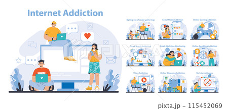 Internet Addiction set. Diverse scenarios showcasing excessive use of digital platforms. From social media to online gaming, a critical take on the digital age. Flat vector illustration. 115452069