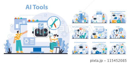 AI Tools set. A comprehensive suite of AI-driven applications. Enhances productivity in digital tasks. Automates social media, SEO, and coding. Flat vector illustration. 115452085