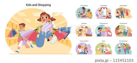 Kids and shopping set. Young consumers experiencing the retail world. Family grocery runs, online buys, mall excursions. Managing wants versus needs, joys of sales. Flat vector illustration 115452103