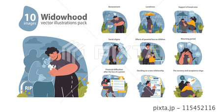 Widowhood set. Navigating life after a spouse's death. Grieving process, social challenges, and finding hope. Flat vector illustration. Widowhood set. Navigating life after a spouse's death. Grieving process, social challenges, and finding hope. Flat vector illustration. 115452116
