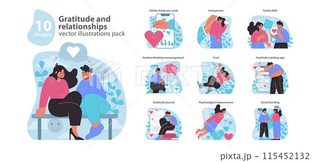 Gratitude and relationships set. Celebrating emotional connections and appreciation. Expressions of thanks, trust-building, and companionship. Flat vector illustration. Gratitude and relationships set. Celebrating emotional connections and appreciation. Expressions of thanks, trust-building, and companionship. Flat vector illustration. 115452132