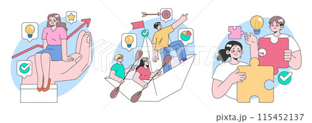 Teamwork set. Colleagues collaborating on projects. Ideas sparking, chart growth, aiming high. Assembling puzzle, unity in action. Flat vector illustration. 115452137
