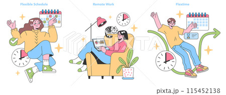 Work flexibility set. Enthusiastic individuals enjoying a flexible schedule, remote working, and flextime benefits. Adaptable work hours, home office perks, and employee freedom. vector illustration. 115452138