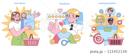 Sales Engagement set. Illustrating live product demos, customer feedback importance, and lead generation tactics. Flat vector illustration 115452139