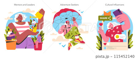 Empowering Older Women set. Illustrations show seniors as mentors, adventurers, and influencers. Active, engaged, and tech-savvy aging. Vector illustration. 115452140