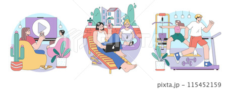 Leisure in Workspaces set. Colleagues relax watching videos, balcony breaks, work from home comfort, fitness during lunch. Recharge, fresh air, exercise, casual attire. Flat vector illustration 115452159