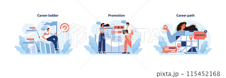 Career progression set displaying climbing the ladder, earning promotions, and plotting a growth path. The journey to professional success captured. Flat vector illustration. Career progression set displaying climbing the ladder, earning promotions, and plotting a growth path. The journey to professional success captured. Flat vector illustration. 115452168
