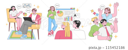 Office Dynamics set. Collaborative team discussions around charts. Laptop presentations, pie chart evaluations, peer interactions, celebratory moments. Flat vector illustration. Office Dynamics set. Collaborative team discussions around charts. Laptop presentations, pie chart evaluations, peer interactions, celebratory moments. Flat vector illustration. 115452186