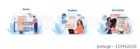 Professional development set. Analyzing performance, sharing insights, establishing objectives. Review processes, open feedback, and precise goal setting. Productivity, strategy, targets. Flat vector 115452210