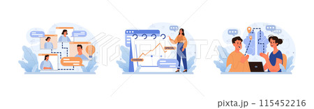Digital Communication set. Remote team collaboration, trend analysis, and online discussions. Engaging virtual meetings, data presentation. Modern workplace dynamics. Flat vector illustration Digital Communication set. Remote team collaboration, trend analysis, and online discussions. Engaging virtual meetings, data presentation. Modern workplace dynamics. Flat vector illustration 115452216
