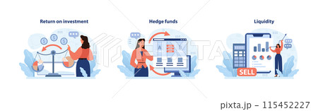 Finance set. Analyzing return on investment, delving into hedge funds, and understanding liquidity. Balanced scales, fund monitoring, instant selling. Flat vector illustration 115452227