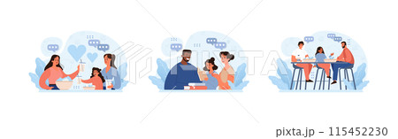 Modern Family Dynamics set. A gay couple celebrates love, a step-parent bonds with a child, and another gay couple enjoys dinner with their daughter. Exploring diverse family units. Flat vector. Modern Family Dynamics set. A gay couple celebrates love, a step-parent bonds with a child, and another gay couple enjoys dinner with their daughter. Exploring diverse family units. Flat vector. 115452230