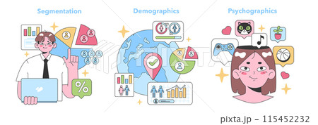 Marketing Analysis set. Experts showcasing market segmentation, focus on demographics, and diving into consumer psychographics. Segmentation expertise, global reach, and individual preferences. 115452232
