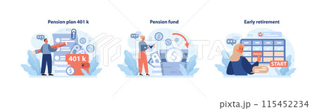 Retirement plans set. Exploring 401k benefits, accumulating pension fund wealth, initiating early retirement. Financial security, future planning. Investment strategy. Flat vector illustration. Retirement plans set. Exploring 401k benefits, accumulating pension fund wealth, initiating early retirement. Financial security, future planning. Investment strategy. Flat vector illustration. 115452234