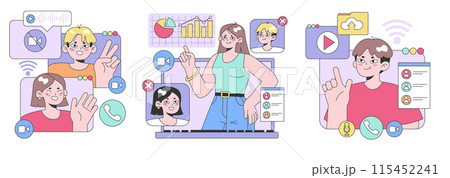 Digital Communication set. Young individuals engaging with multimedia interfaces. Video calls, data analysis, content sharing, online profiles. Flat vector illustration Digital Communication set. Young individuals engaging with multimedia interfaces. Video calls, data analysis, content sharing, online profiles. Flat vector illustration 115452241