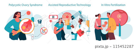Reproductive health set. Couples facing conception challenges, medical insights into common causes. Infertility treatment with in assisted reproductive technology or vitro fertilization. Flat vector 115452287