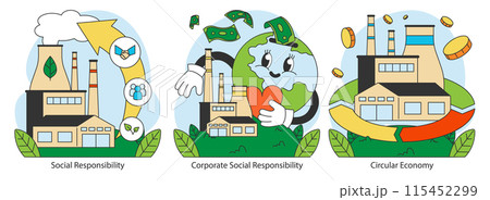 Ethical consumption trio. Showcases social and corporate accountability alongside circular economy concepts. Advocates for eco-conscious business operations. Flat vector illustration. Ethical consumption trio. Showcases social and corporate accountability alongside circular economy concepts. Advocates for eco-conscious business operations. Flat vector illustration. 115452299