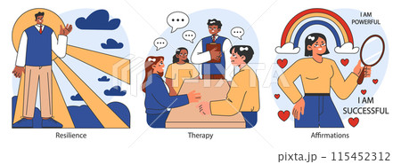 Overcoming fears set. Characters confronting fears with desensitization, reframing and exposure strategy. Psychological resilience with affirmations and visualization therapy. Flat vector illustration 115452312