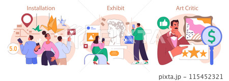 Museum or art gallery exhibition set. Visitors exploring diverse artworks. Curator guiding a excursion with interactive displays. Contemporary and classic art installation. Flat vector illustration 115452321