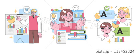 Educational insights set. Professionals exploring data trends, students grasping concepts, and celebrating achievements. Knowledge sharing, progress tracking. Flat vector illustration 115452324