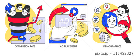 Marketing metrics set. Increasing conversion rates, strategic ad placements, and analyzing demographics. Visual steps to advertising success. Flat vector illustration. 115452327
