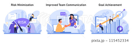 Business Concepts set. Professionals working diligently on risk minimization, promoting improved team communication, and ensuring goal achievement. Safety measures, upward growth. Flat vector. 115452334